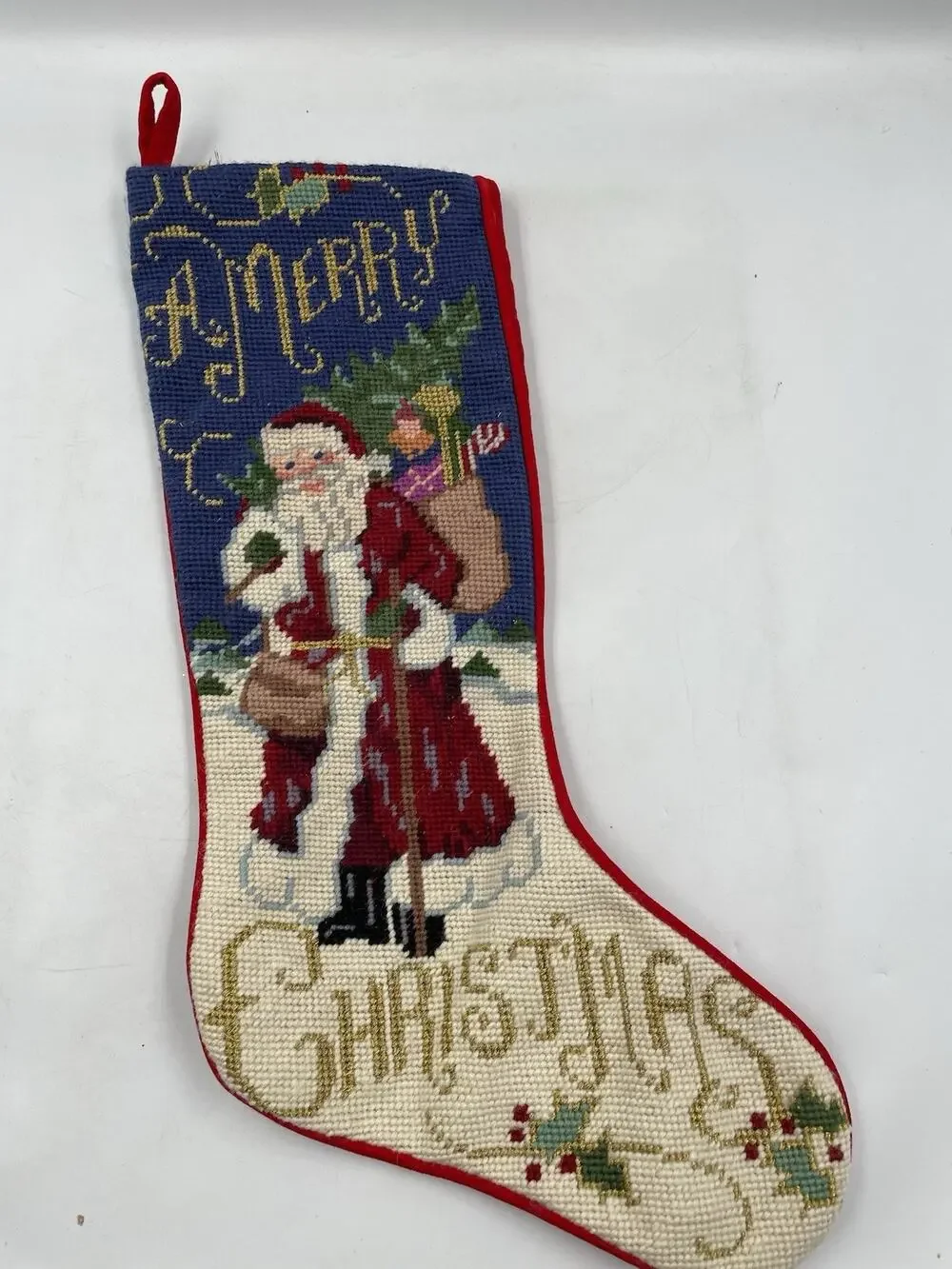 Vintage Needlepoint Christmas Stocking Old World Santa Velvet Back